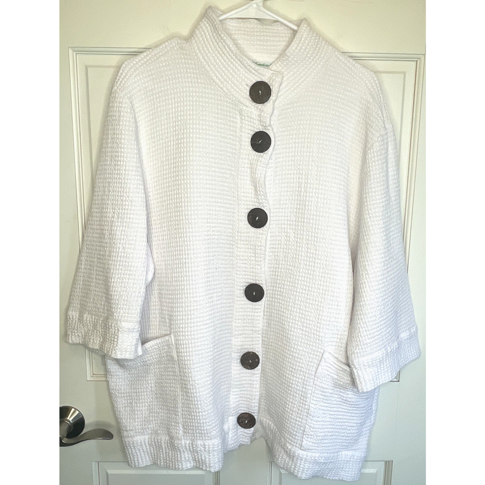 LULU B Women's Waffle Button Front Jacket Sz XL White 100% Cotton Lagenlook Boho
